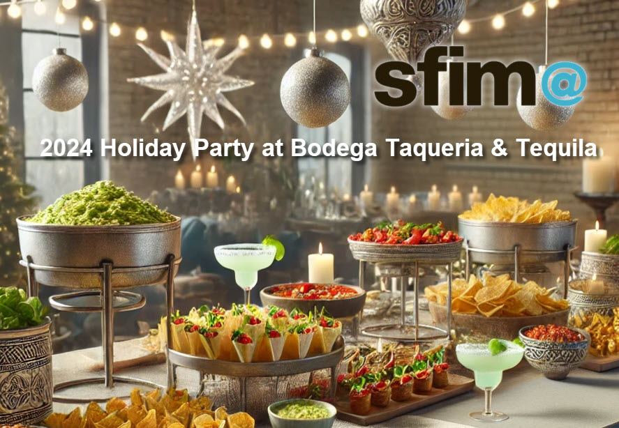 A festive buffet-style setup for the SFIMA 2024 Holiday Party at a Mexican restaurant, featuring authentic Mexican hors d'oeuvres like nachos, mini tacos, and guacamole. The table is decorated with non-denominational holiday elements, including silver ornaments, candles, and margarita glasses, creating a relaxed and inviting atmosphere.