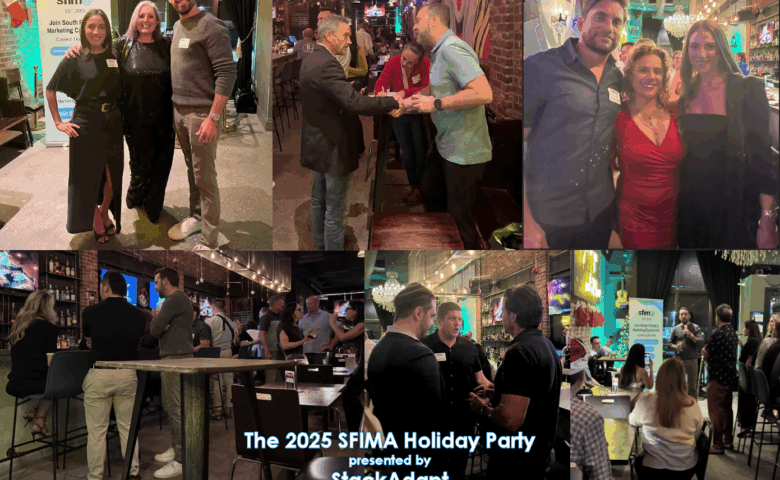 A collage of images showing people at the SFIMA and StackAdapt holiday party held on December 17, 2025, at the fitz. BAR + LOUNGE in Fort Lauderdale.